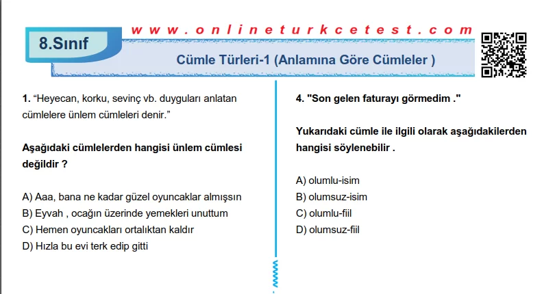Cümle Türleri-1 (Anlamına Göre Cümleler) İle İlgili PDF Test