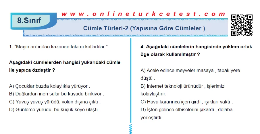 Yapısına Göre Cümleler İle İlgili PDF Test İndir