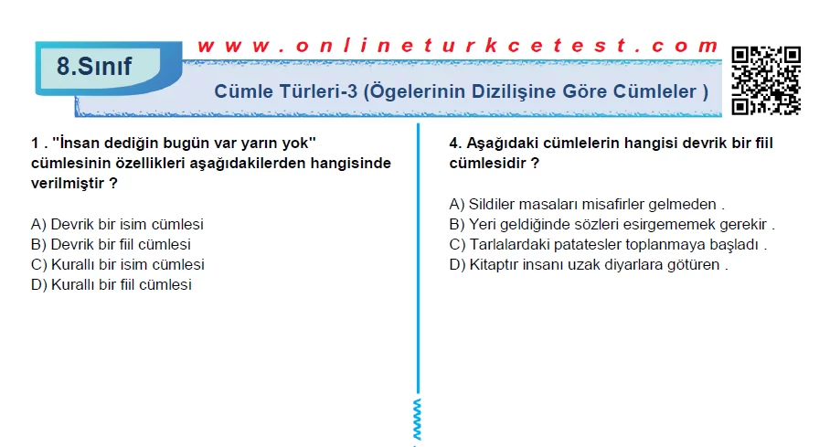 Cümle Türleri-3 (Ögelerinin Dizilişine Göre Cümleler) PDF Test İndir