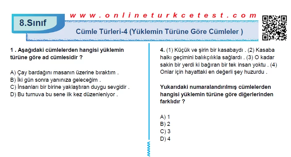 Cümle Türleri-4 ( Yüklemin Türüne Göre Cümleler ) İle İlgili PDF Test