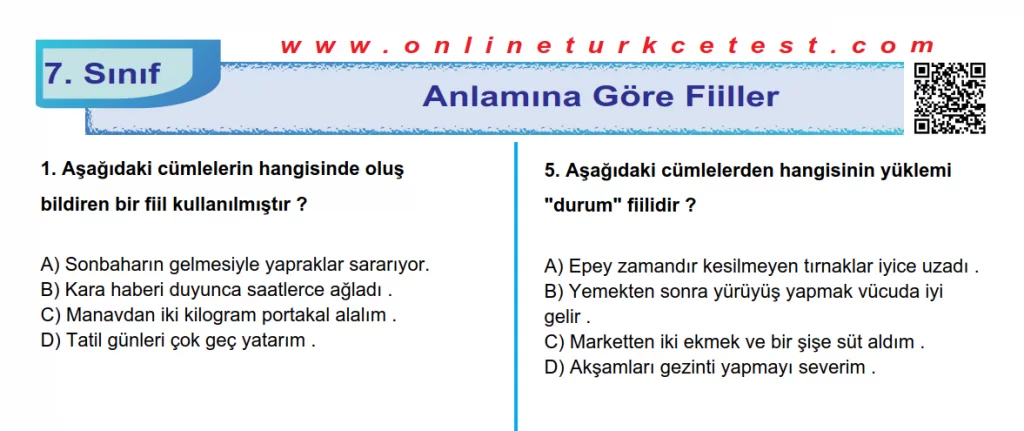 Anlamına Göre Fiiller İle İlgili PDF Test Soruları