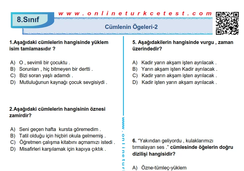 Cümlenin Ögeleri-2 PDF Test İndir