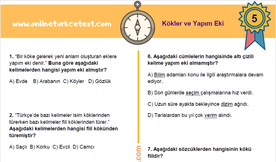 5. Sınıf Kökler ve Yapım Eki İle İlgili Online Test