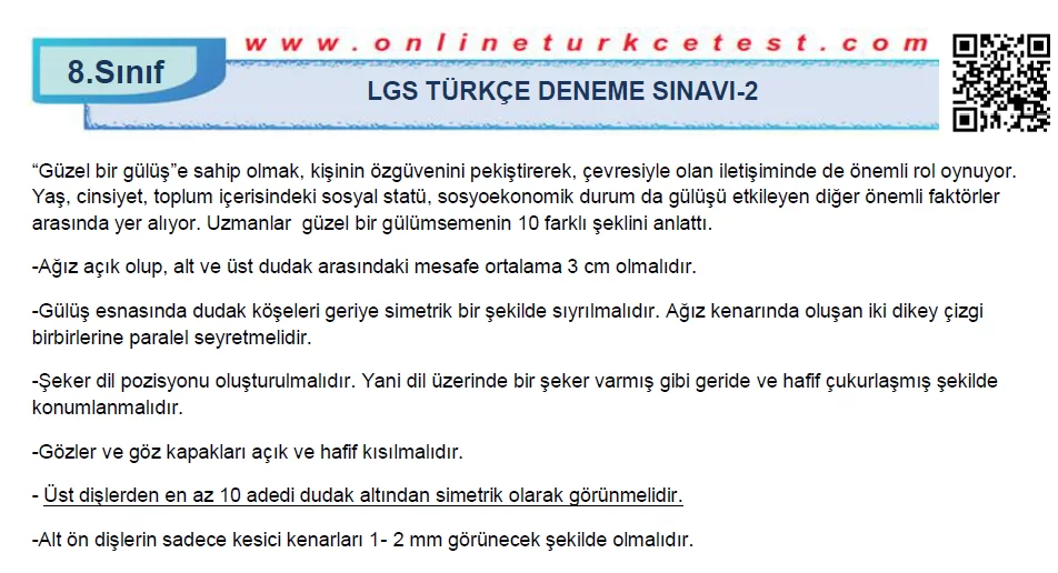 8. Sınıf Türkçe Dersi LGS Deneme Sınavı-2