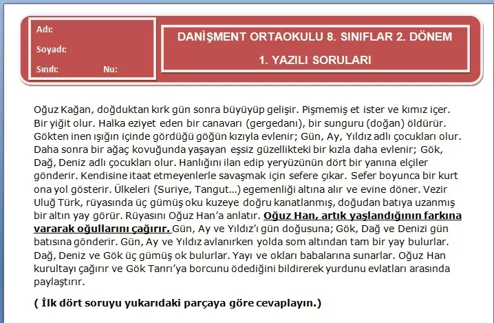 8. Sınıf 2. Dönem 1. Yazılı Soruları