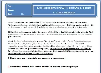 6. Sınıf Türkçe Dersi 2. Dönem 1. Yazılı Soruları
