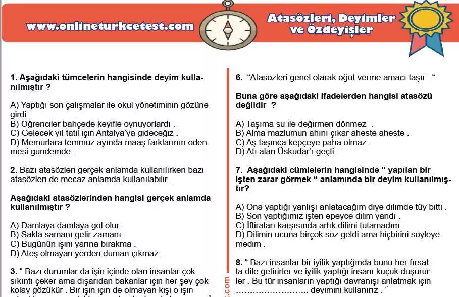 Atasözleri, Deyimler ve Özdeyişler İle İlgili PDF Test İndir