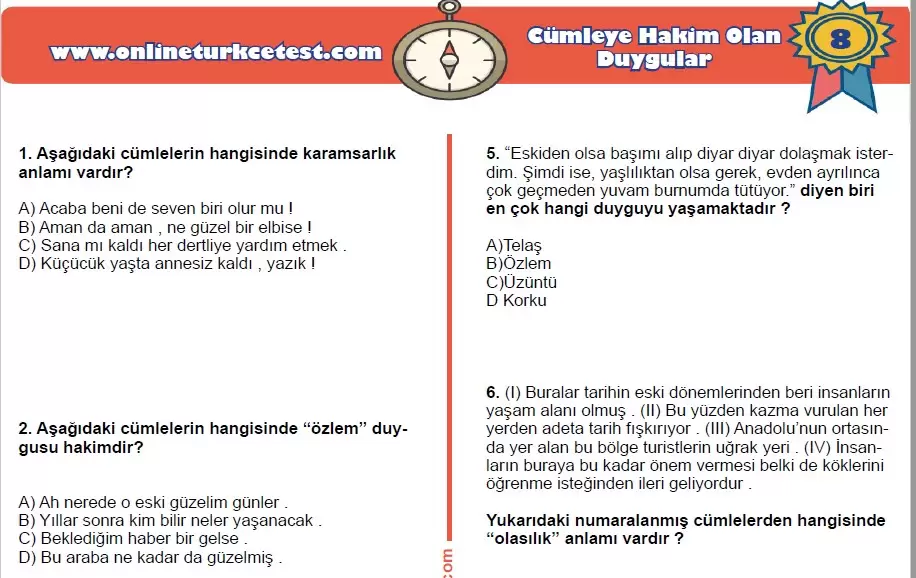 Cümleye Hakim Olan Duygular İle İlgili PDF Test İndir