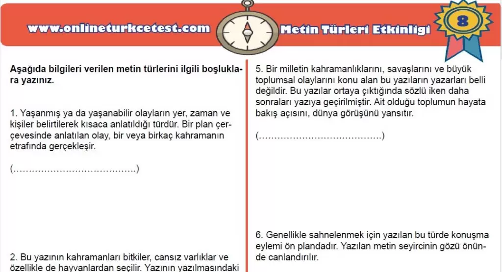 Metin Türleri İle İlgili Çalışma Kağıdı