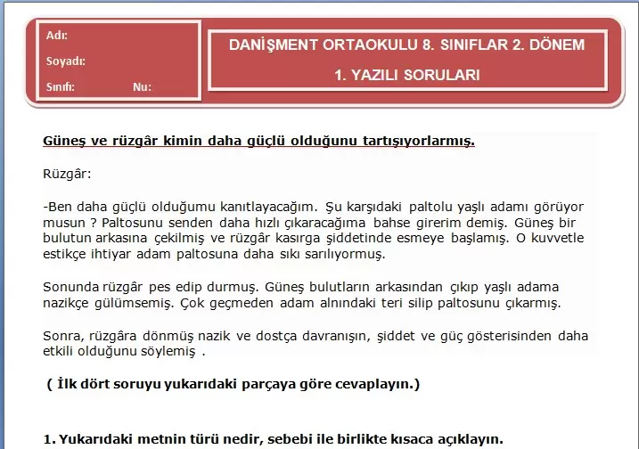 5. Sınıf Türkçe Dersi 2. Dönem 1. Yazılı Soruları