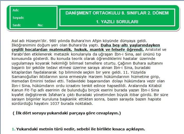 7. Sınıf Türkçe Dersi 2. Dönem 1. Yazılı Soruları