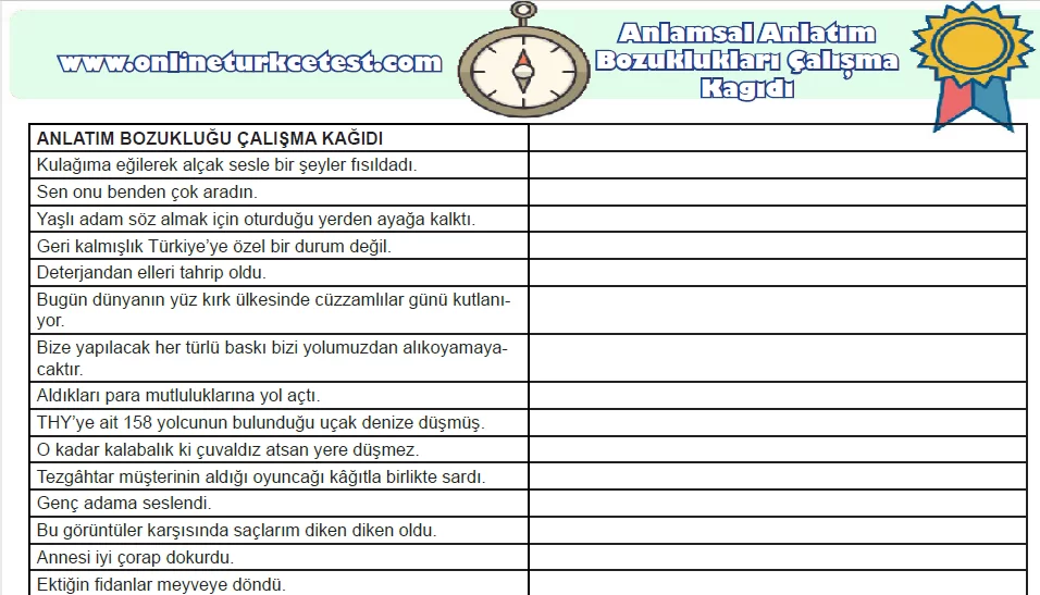 Anlamsal Anlatım Bozuklukları İle İlgili Çalışma Kağıdı
