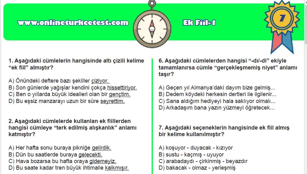 Ek Fiil-1 Online Test Soruları