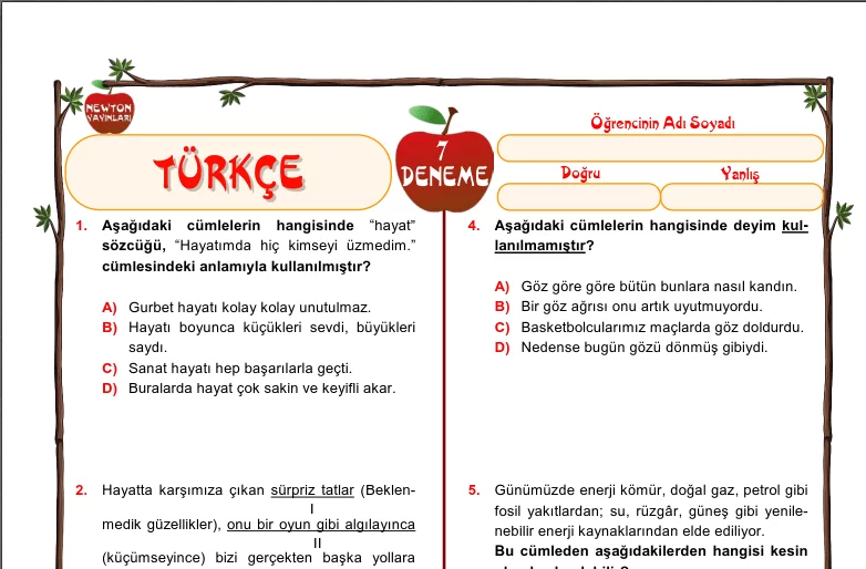 Newton Yayınları 8. Sınıf  Türkçe Dersi LGS Deneme Sınavı İndir