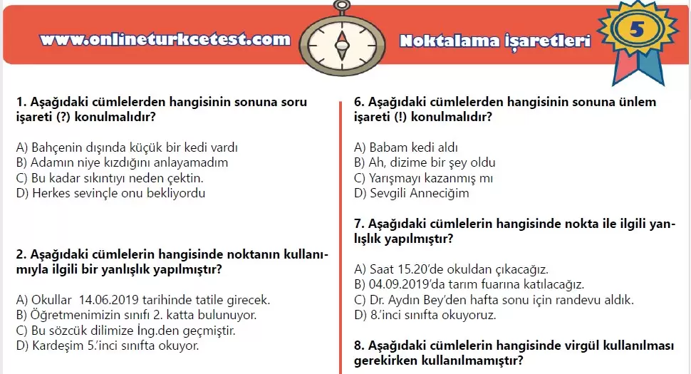 5. Sınıf Noktalama İşaretleri İle İlgili Online Test (24 Soru)