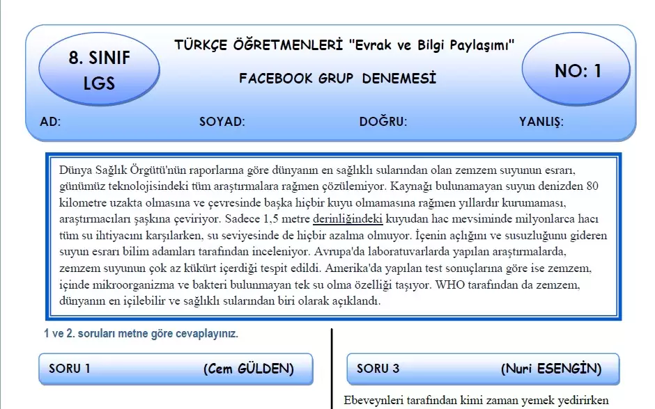 Türkçe Öğretmenleri Evrak ve Bilgi Paylaşımı Grubu 8. Sınıf LGS Türkçe Deneme Sınavı