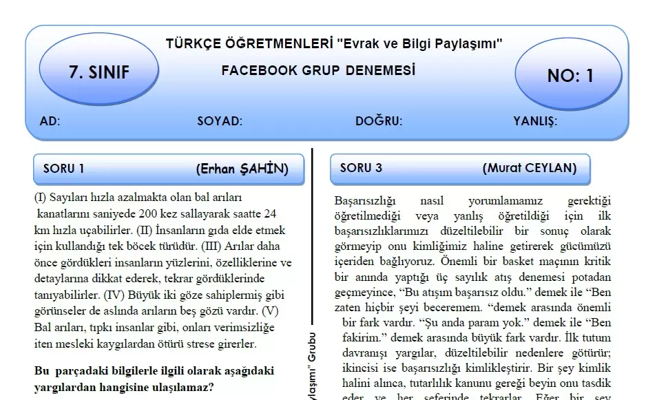 Türkçe Öğretmenleri Evrak ve Bilgi Paylaşımı Grubu 7. Sınıf Türkçe Deneme Sınavı