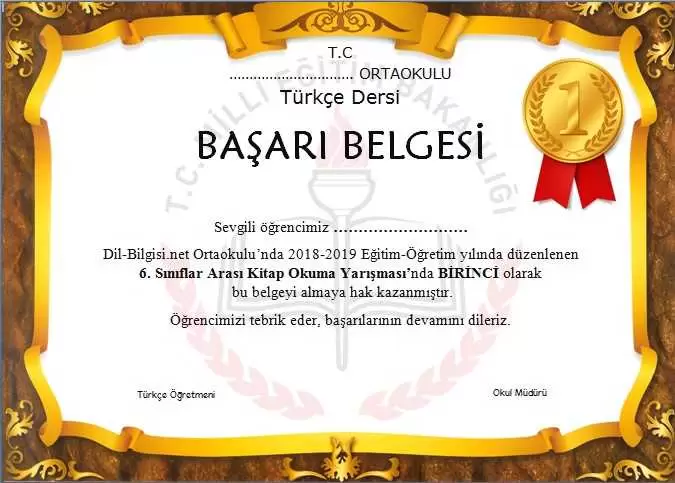 Türkçe Dersi Başarı Belgesi Örneği