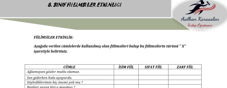 Fiilimsiler İle İlgili Çalışma Kağıtları