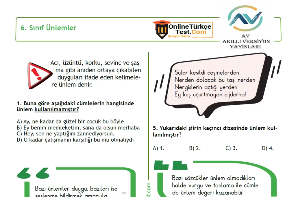 6. Sınıf Ünlemler İle İlgili PDF Test