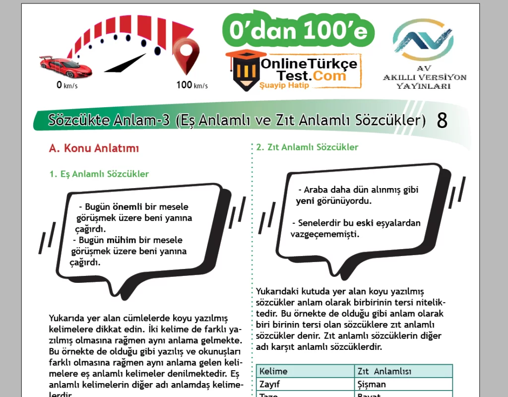 0’dan 100’e – 8. Sınıf Sözcükte Anlam-3 (Eş Anlam, Zıt Anlam)
