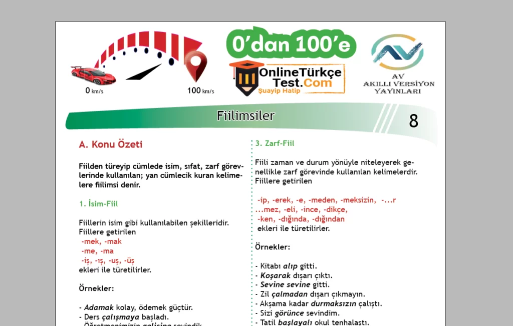 0’dan 100’e – 8. Sınıf Fiilimsiler