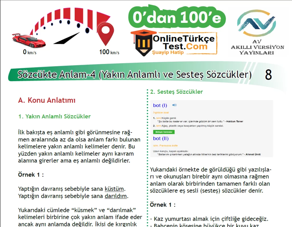 0’dan 100’e – 8. Sınıf Sözcükte Anlam-4 (Yakın Anlam, Sesteş Sözcükler)