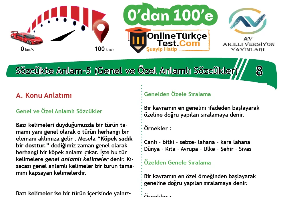 0’dan 100’e – 8. Sınıf Sözcükte Anlam-5 (Genel ve Özel Anlamlı Sözcükler)