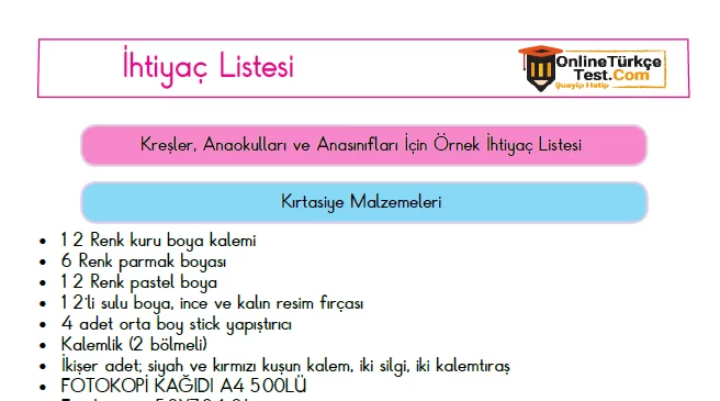 Kreşler, Anaokulları ve Anasınıfları İçin Örnek İhtiyaç Listesi