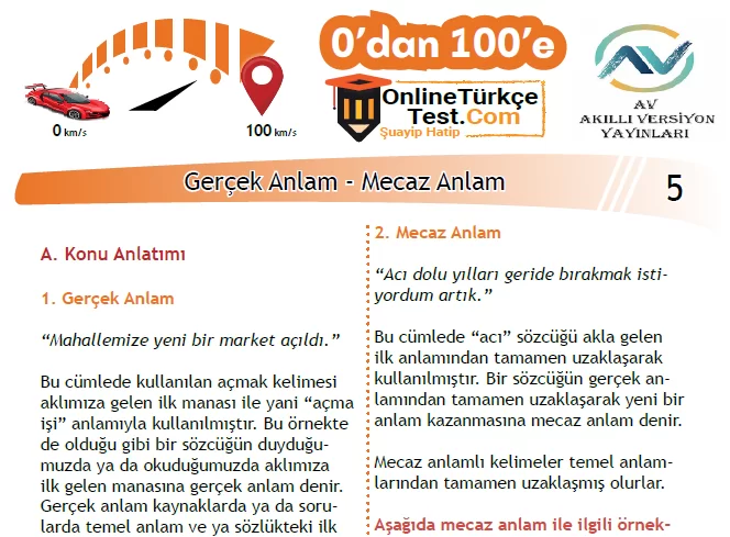 0’dan 100’e – 5. Sınıf – Gerçek, Mecaz Anlamlı Sözcükler
