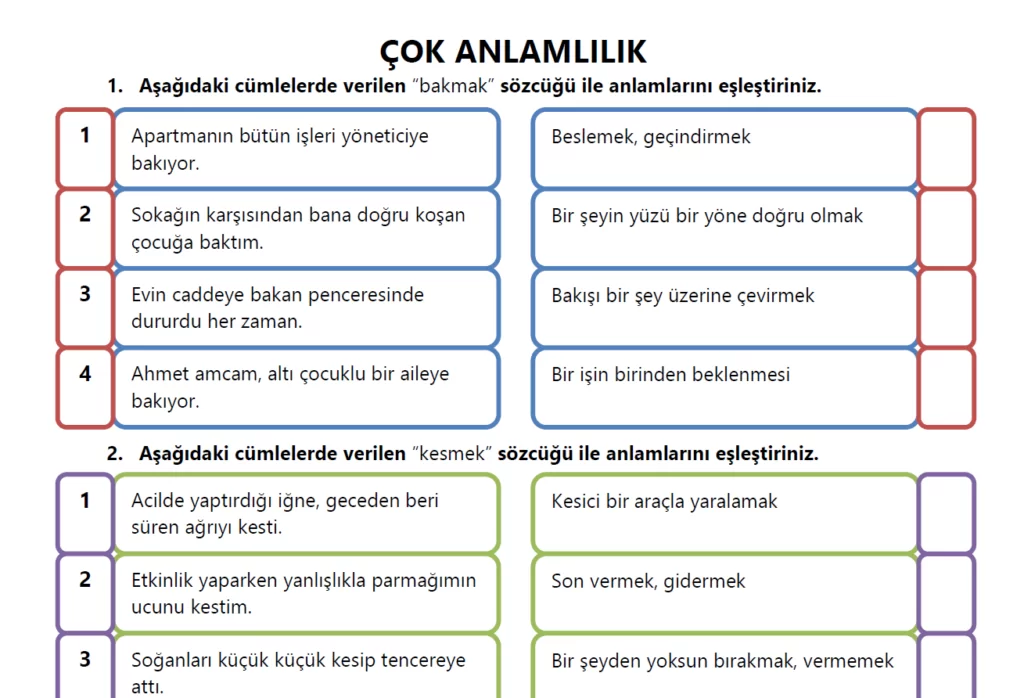 “Sözcükte Çok Anlamlılık” İle İlgili Çalışma Kâğıdı