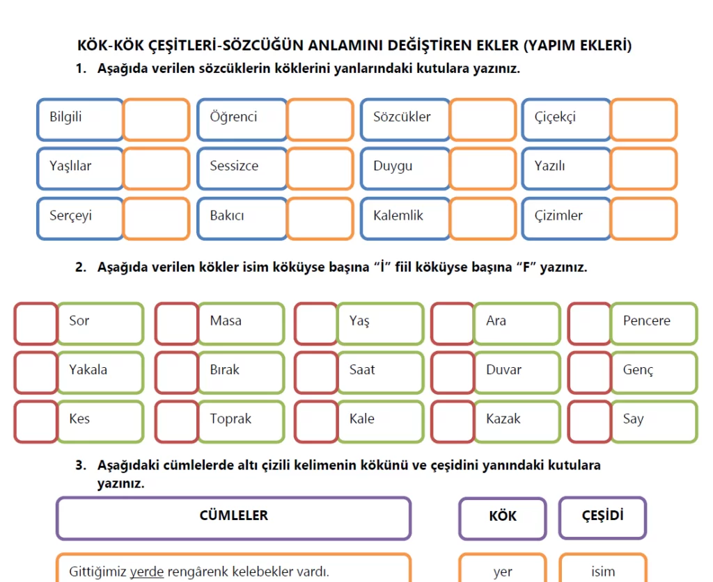5. Sınıf Kök, Yapım Eki İle İlgili Çalışma Kâğıdı