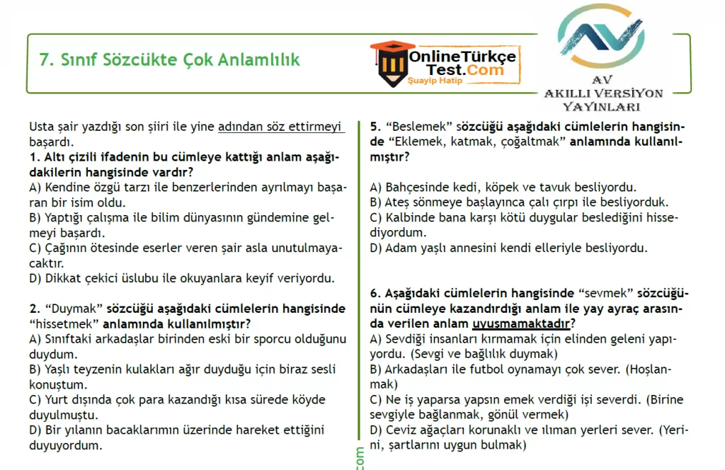 7. Sınıf Sözcükte Çok Anlamlılık Testi (17 Soru) PDF