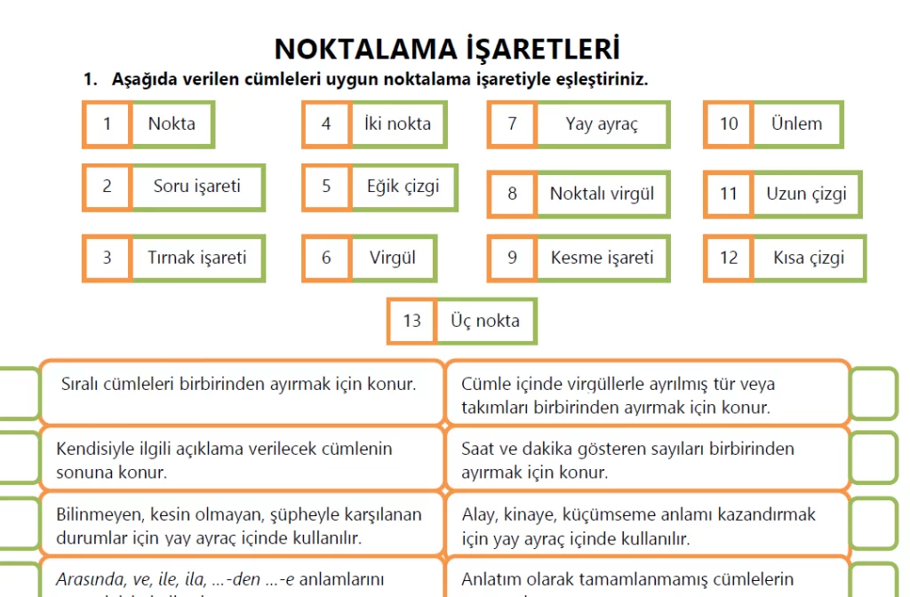 Noktalama İşaretleri İle İlgili Çalışma Kâğıdı