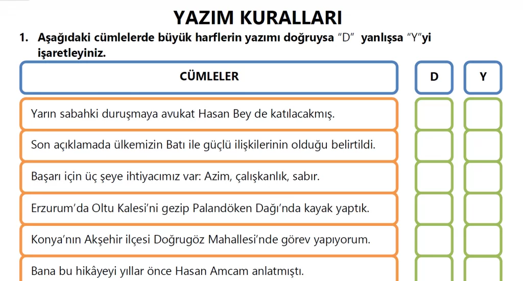 Yazım Kuralları İle İlgili Çalışma Kâğıdı