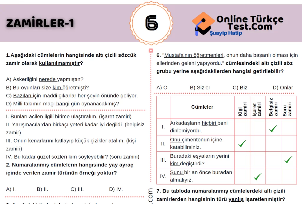 6. Sınıf Zamirler Testi-1 (20 Soru) PDF