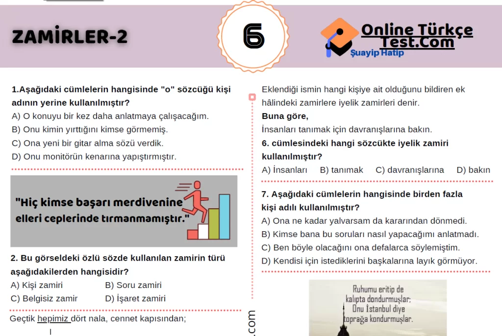 6. Sınıf Zamirler Testi-2 (20 Soru) PDF İndir