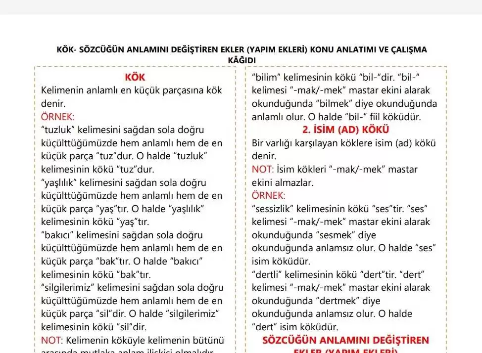 Kök-Yapım Eki Konu Anlatımı ve Çalışma Kağıdı