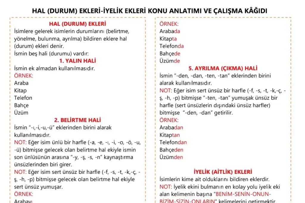 Hal Ekleri – İyelik Ekleri Konu Anlatımı ve Çalışma Kağıdı