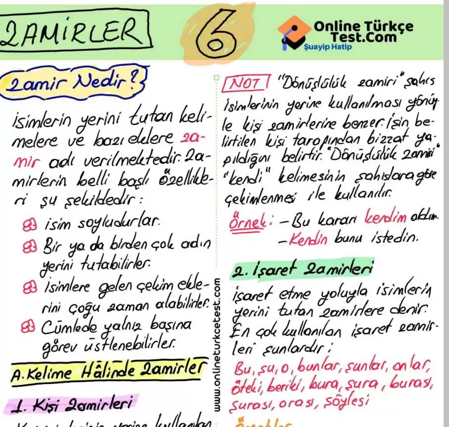 6. Sınıf Zamirler ile İlgili Konu Anlatımı, Etkinlik, Test PDF Test