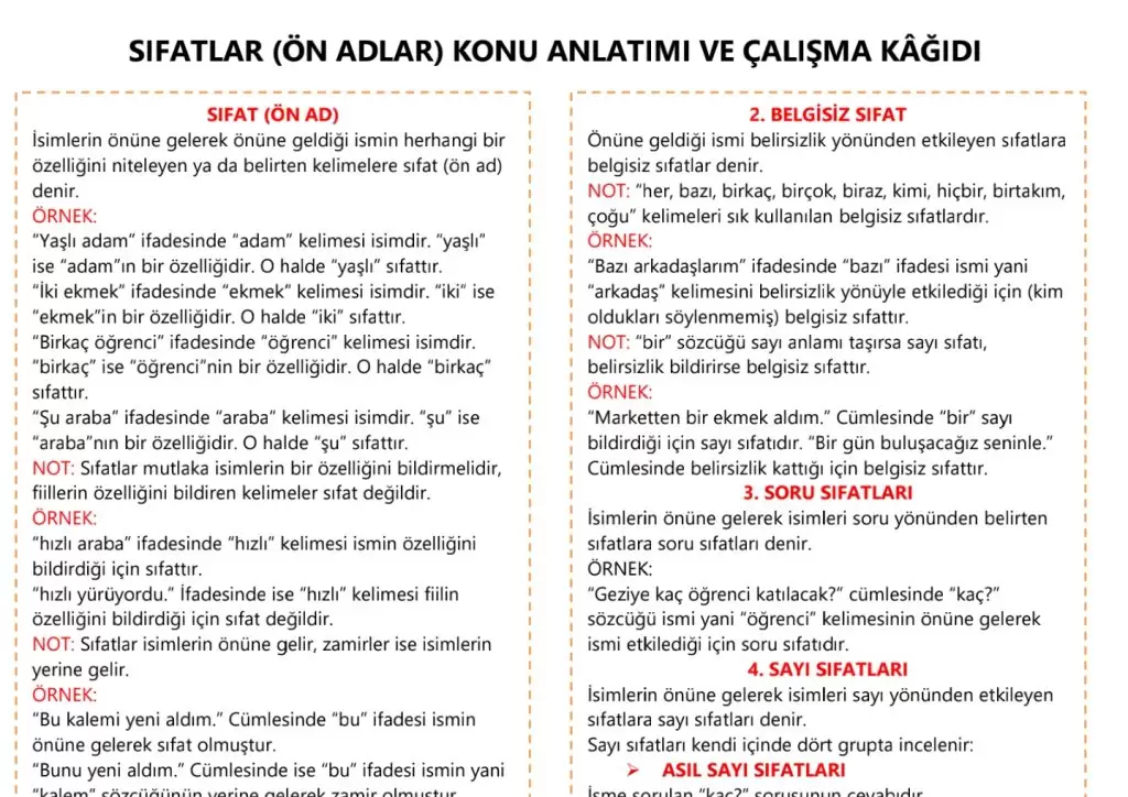 Sıfatlar ile İlgili Konu Anlatımı ve Çalışma Kağıdı