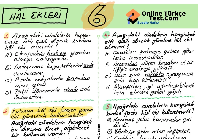 6. Sınıf Hâl Ekleri ile İlgili PDF Test