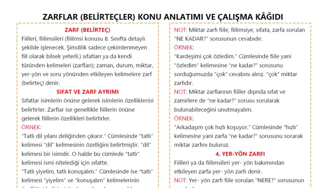 Zarflar Konu Anlatımı ve Çalışma Kağıdı